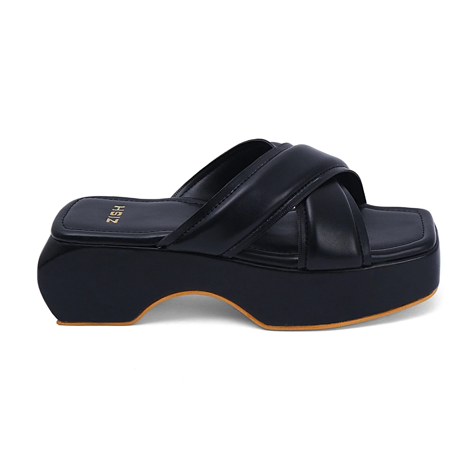Black Martha Heels open-toe PU leather platform sandals with cross straps and TPR sole for casual wear