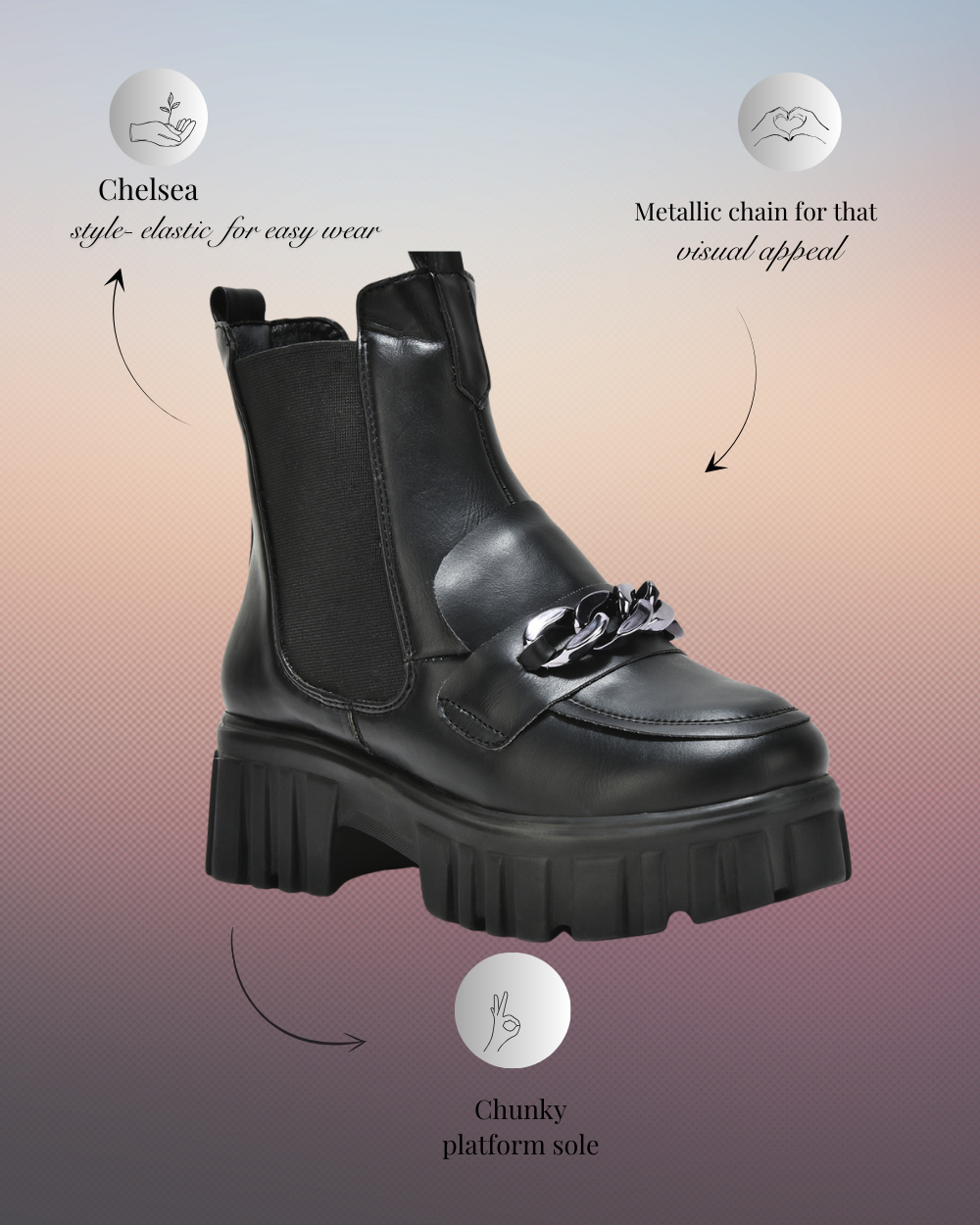 Black handcrafted side zipper ankle boot with chunky platform sole and metallic chain detail