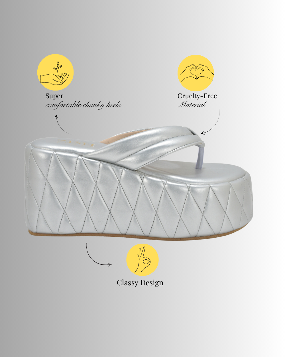 Silver Pinnacle Platforms chunky heel sandals with quilted vegan leather design and 4-inch height, cruelty-free and comfortable for semi-casual wear