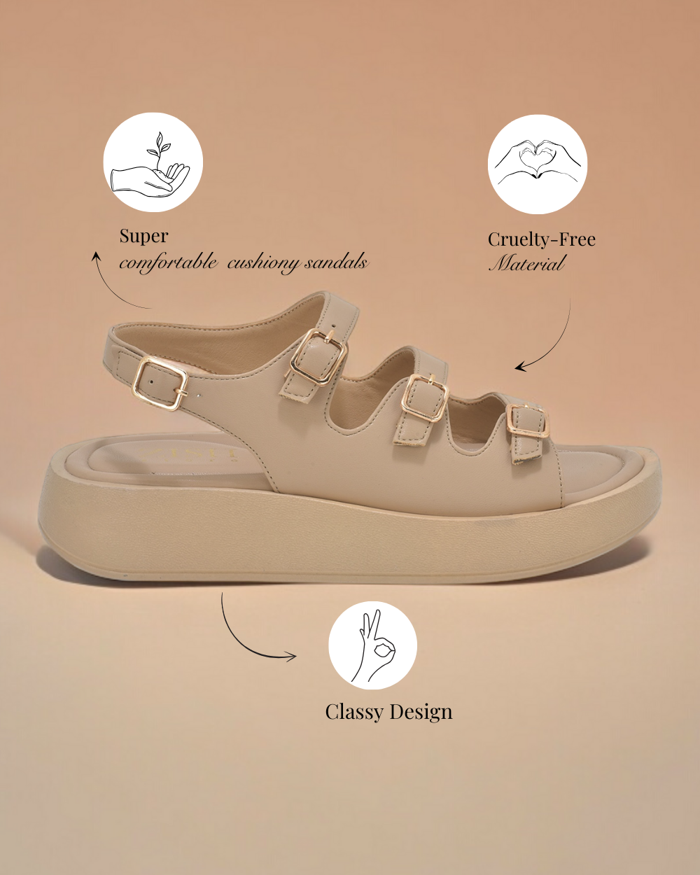 Beige triple buckle sandals with three adjustable straps, cushioned footbed, and vegan leather material designed for comfort and casual style.