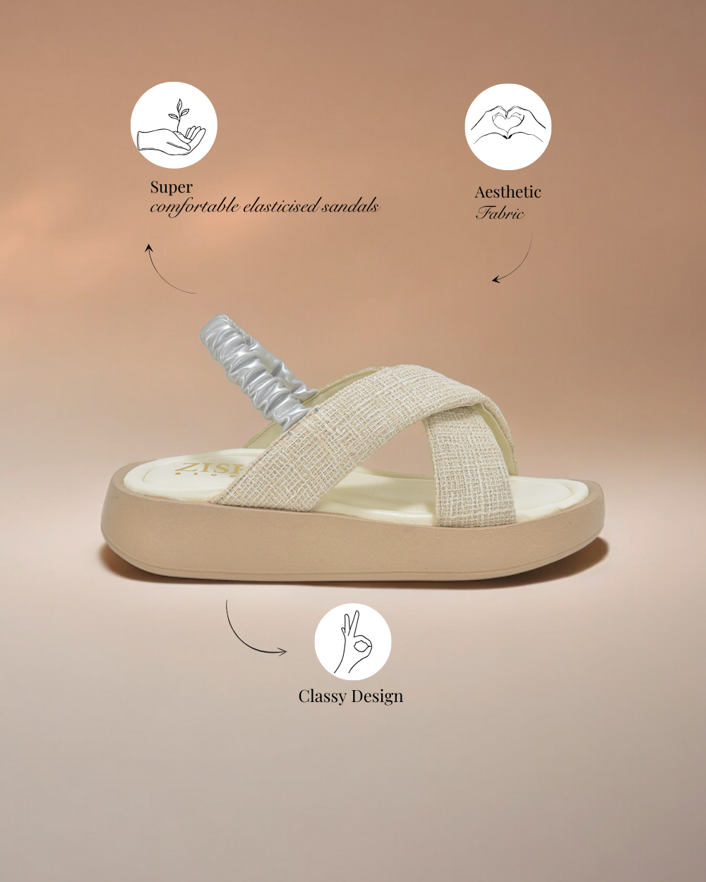 Off-White tweed criss-cross sandals with cushioned insole, elastic back strap, and lightweight platform heel.