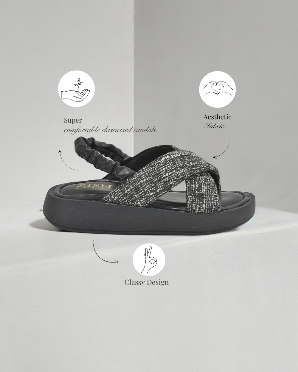 Black tweed criss-cross sandals with cushioned insole, elastic back strap, and lightweight platform heel.