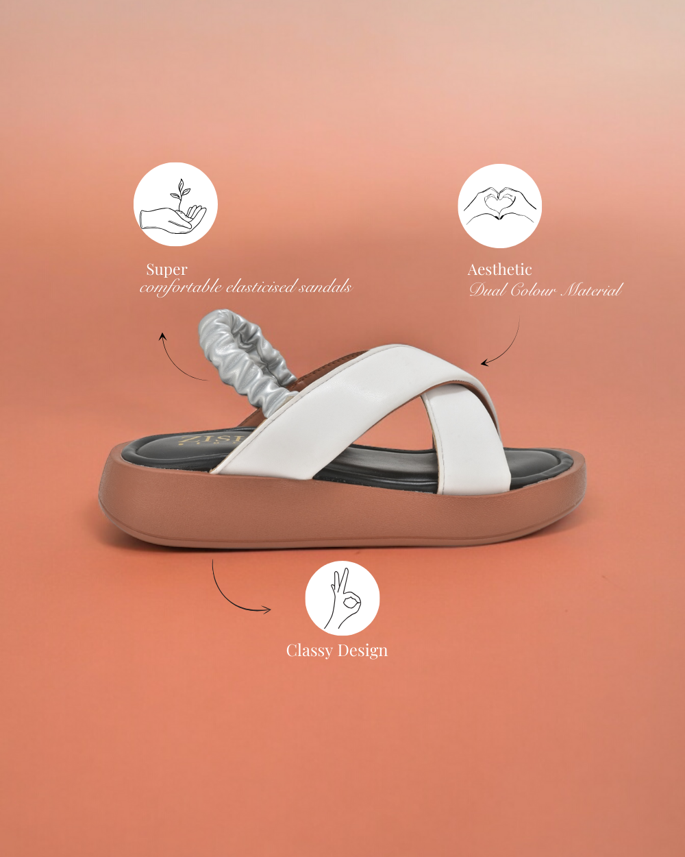 White and tan dual criss-cross sandals with cushioned insole and elastic back strap on lightweight platform heel