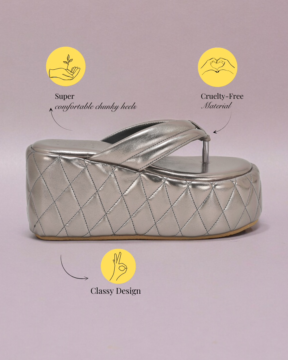 Gunmetal Pinnacle Platforms chunky heel sandals with quilted design and open toe, cruelty-free vegan leather.