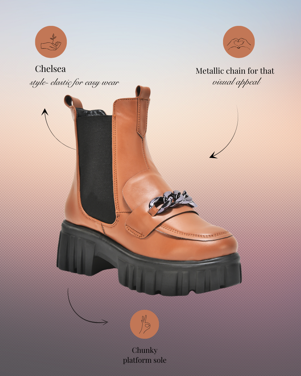 Tan handcrafted side zipper ankle boot with chunky platform sole, elastic Chelsea style, and metallic chain detail
