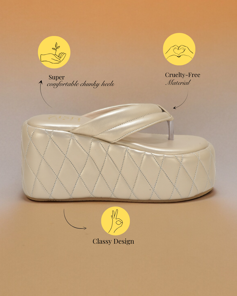 Gold Pinnacle Platforms chunky heels with quilted PU vegan leather and open-toe design