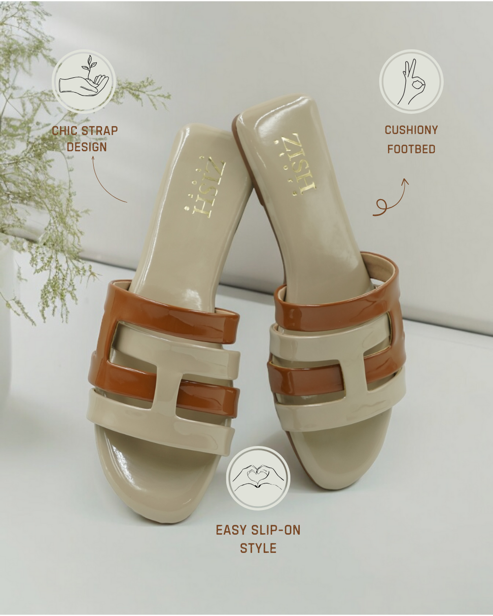 Beige Azzura Flats with chic strap design, cushioned footbed, and easy slip-on style in beige and tan geometric pattern.