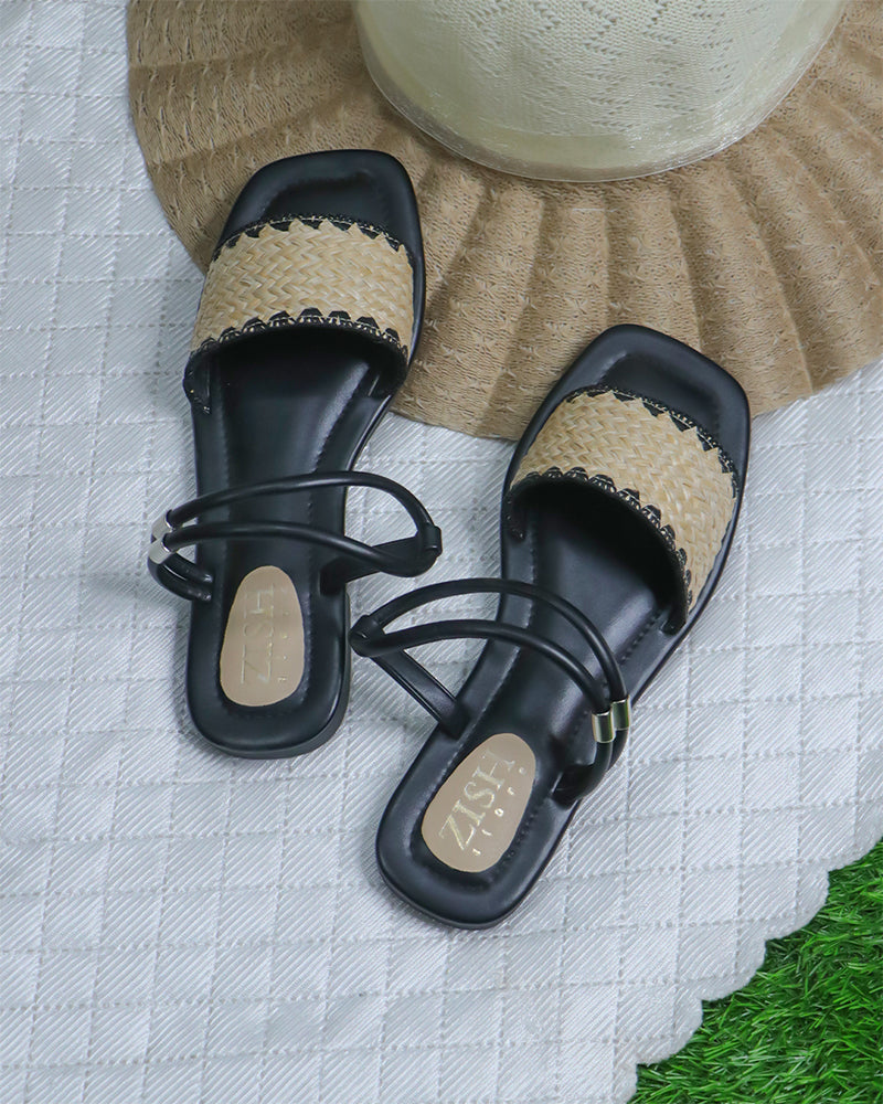 Black Ocean Walker Sandals with black PU vegan leather sole and cane upper flat open-toe design for semi-casual wear