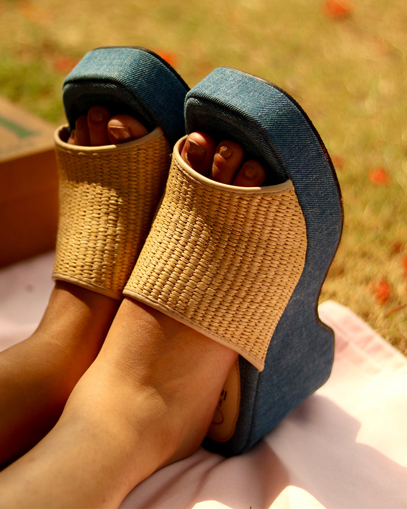 Blue Dune Dancer Slides with cane upper and denim platform heels, open-toe semi-casual beachwear footwear.