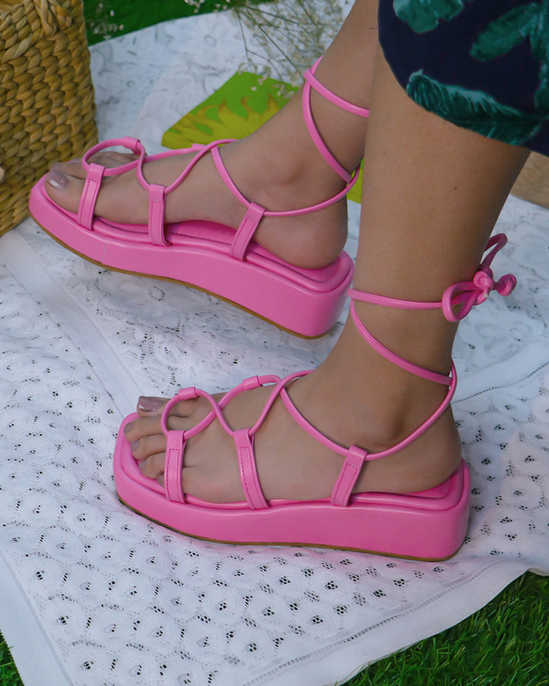 Pink Tie me Up platform sandals with 1-inch sole and tie-up straps, vegan leather, open toe, and anti-slip TPR sole for semi-casual wear