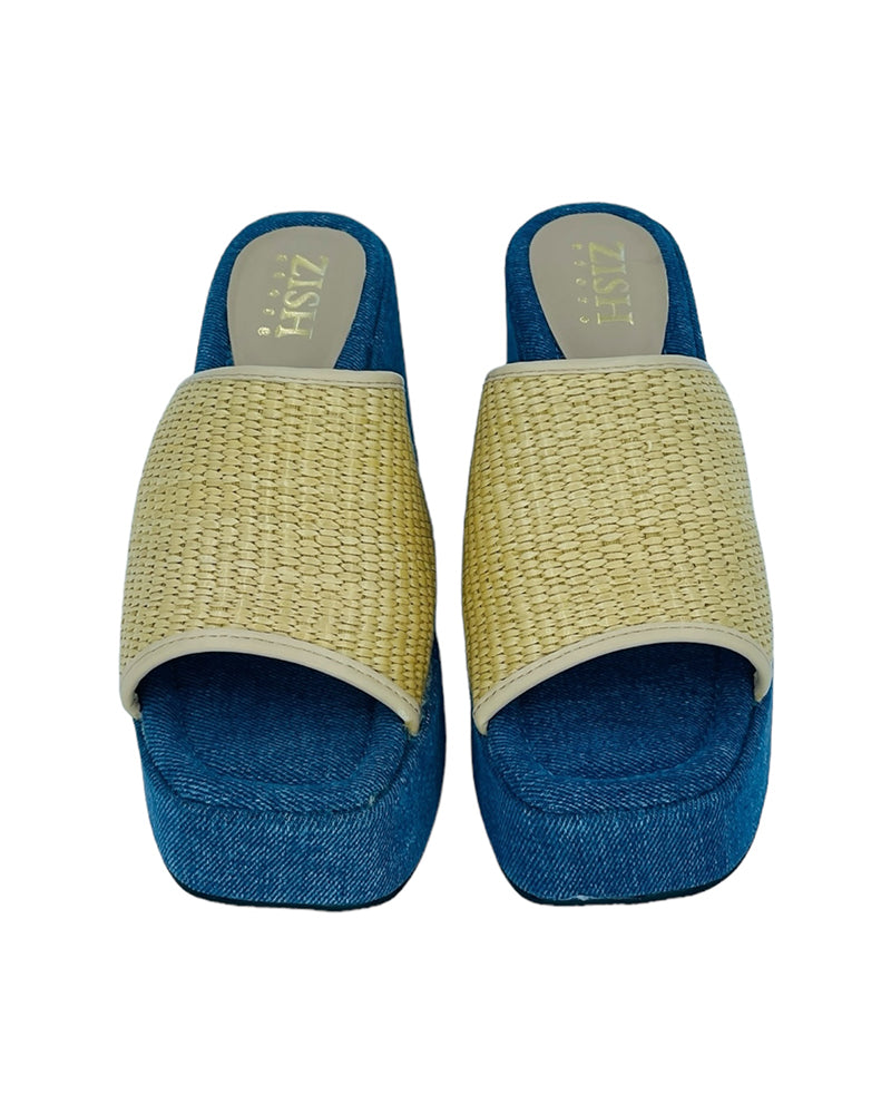 Blue Dune Dancer Slides with cane upper and denim platform heel, open toe semi-casual footwear