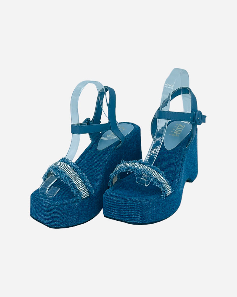 Blue denim wedge sandals with ankle strap and diamond embellishments, 3-inch heel, open toe design.