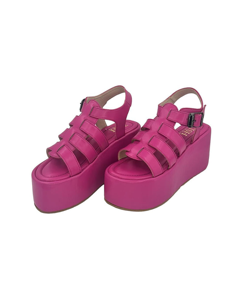 Hot pink caged platform sandals with chunky 3.5-inch heels and open toe design