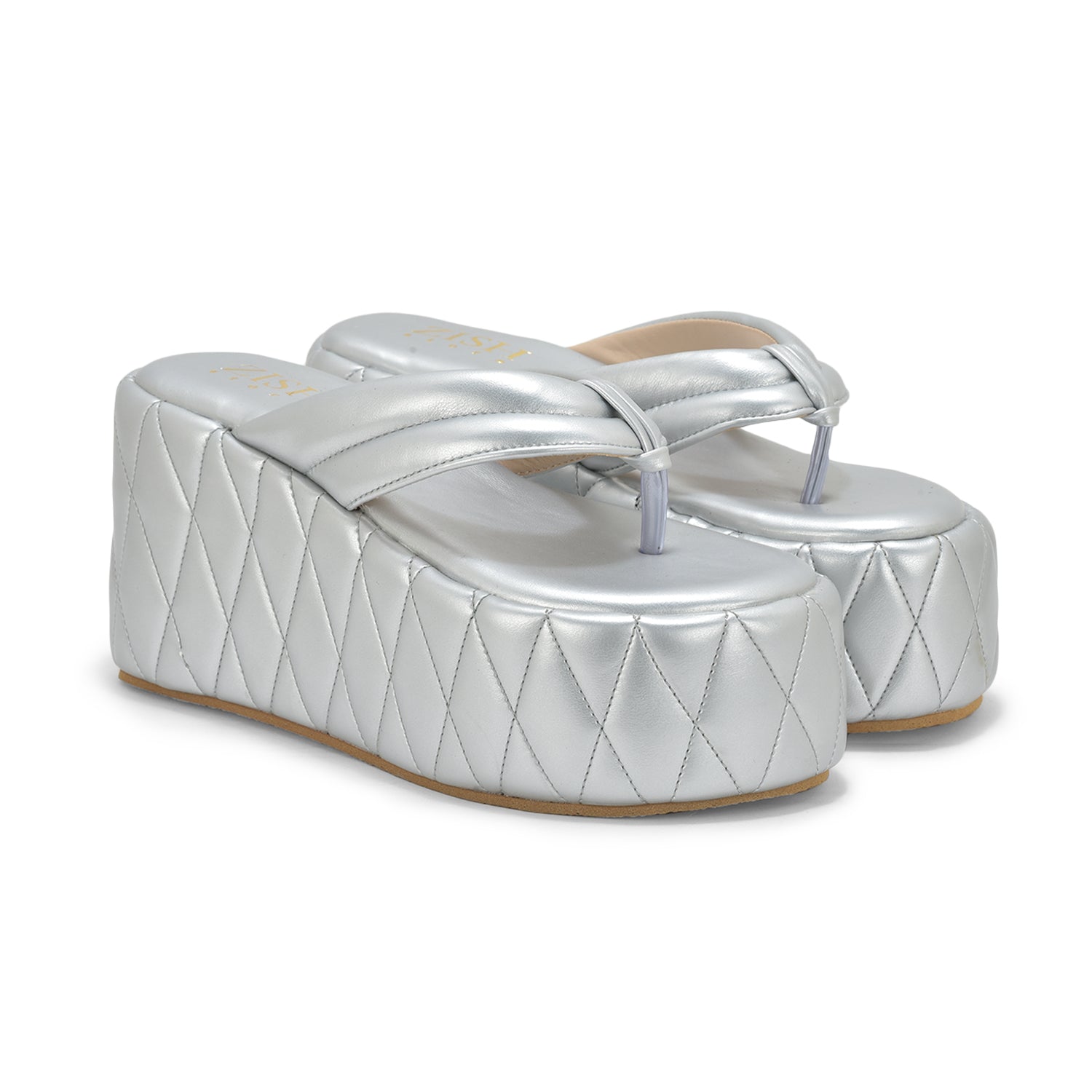 Silver Pinnacle Platforms chunky heel sandals in silver vegan leather with quilted platform and open toe design