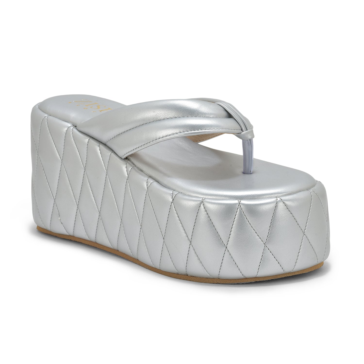 Silver Pinnacle Platforms chunky heel sandals with quilted design and open toe in silver vegan leather