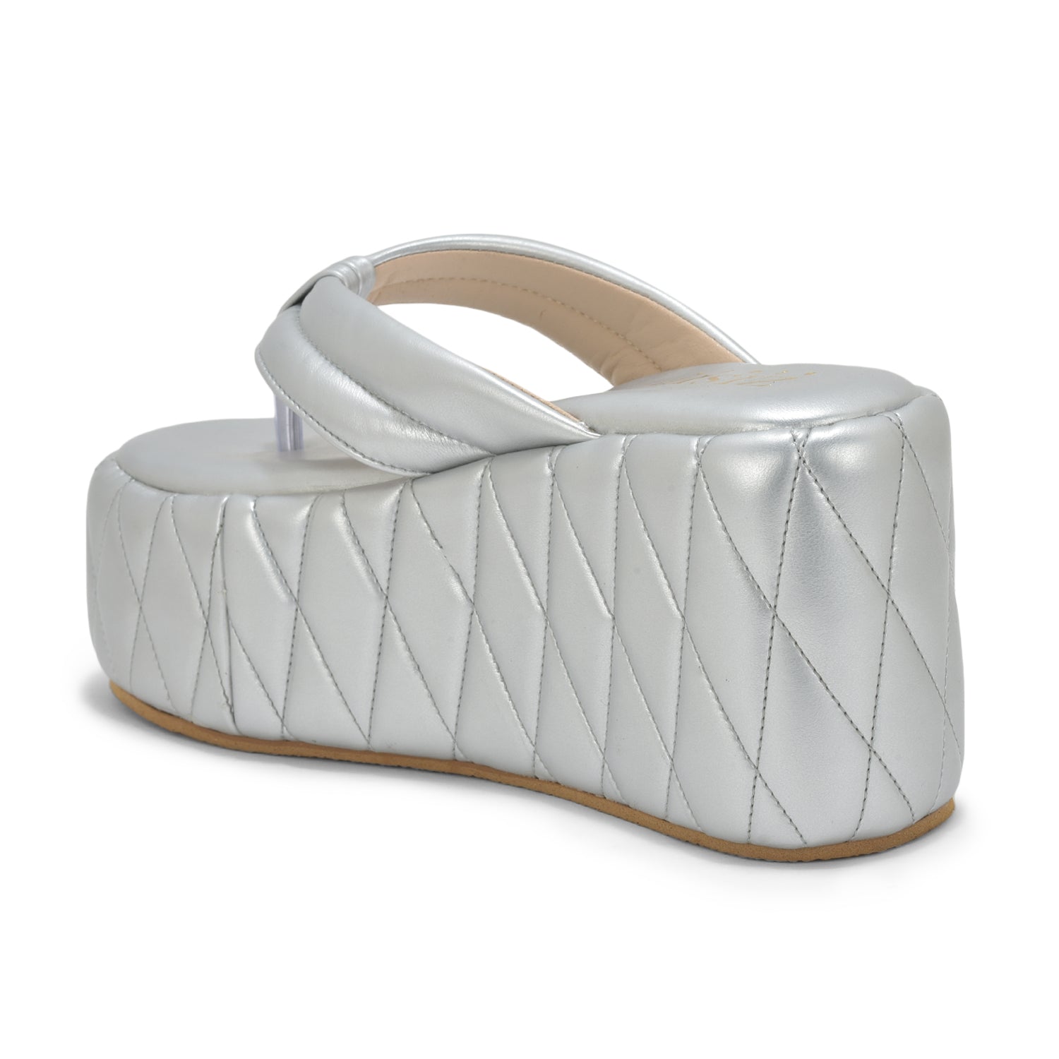 Silver Pinnacle Platforms chunky heel sandals in silver vegan leather with quilted design and open toe