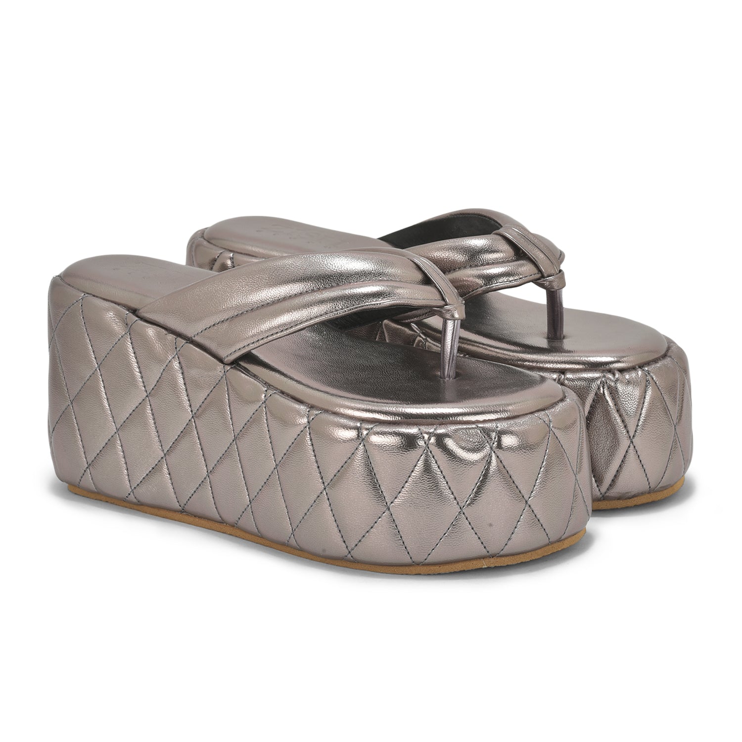Gunmetal Pinnacle Platforms chunky heel sandals with quilted PU vegan leather and TPR sole, 4-inch heel, open toe design