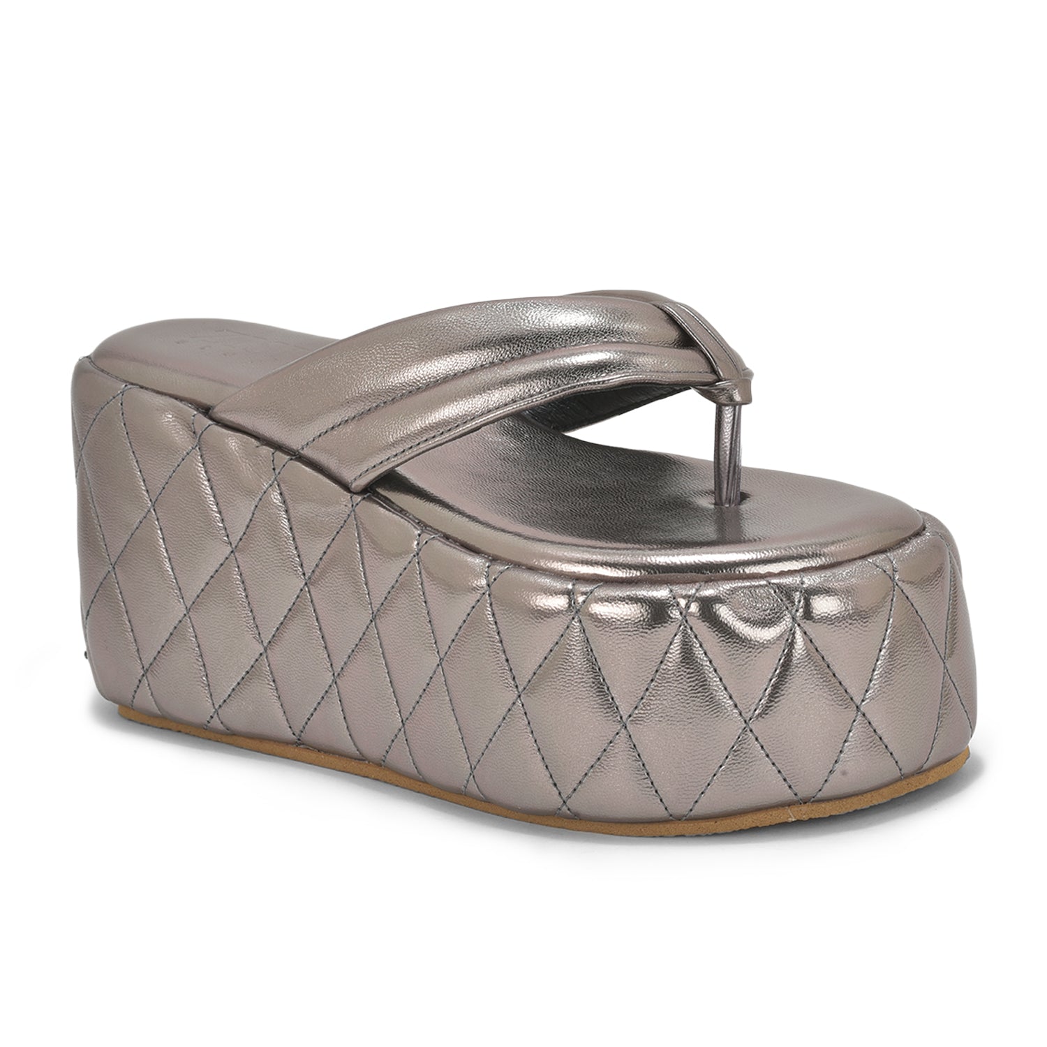 Gunmetal Pinnacle Platforms chunky heel sandals with quilted PU vegan leather and 4-inch platform heel