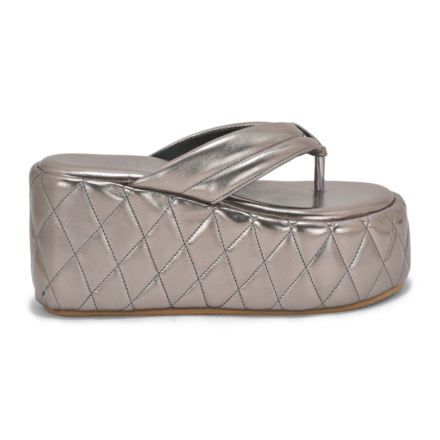 Gunmetal Pinnacle Platforms vegan leather chunky heel sandals with quilted design and 4-inch height