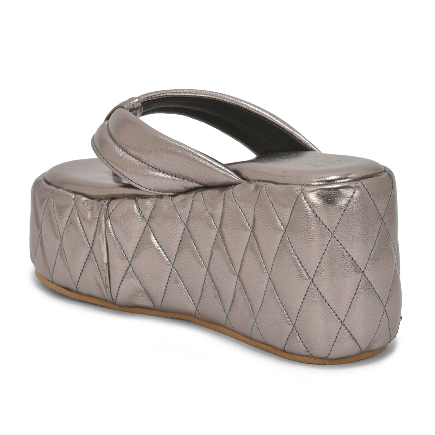 Gunmetal Pinnacle Platforms chunky heel sandals with quilted vegan leather upper and open toe design