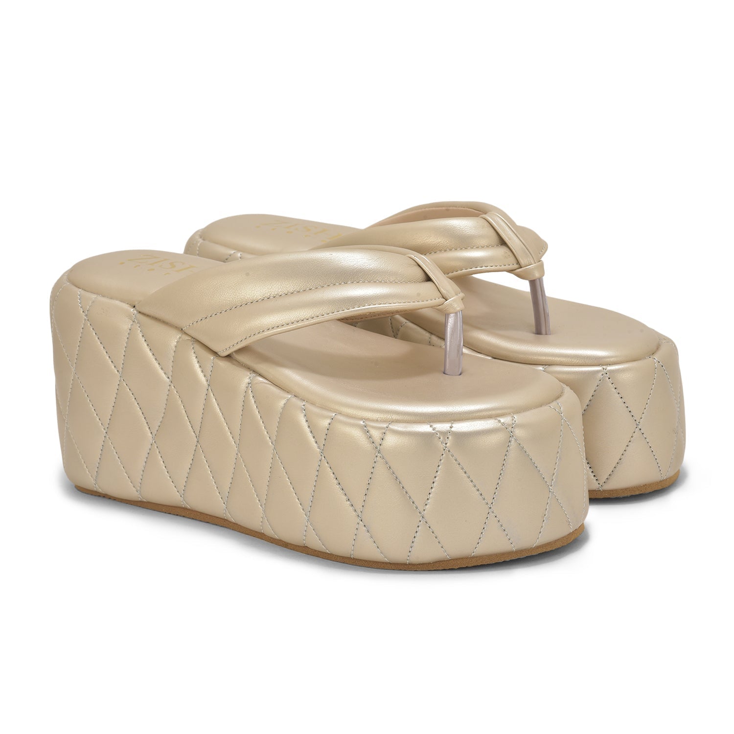Gold Pinnacle Platforms chunky heel sandals in quilted gold vegan leather with open toe design and 4-inch platform soles