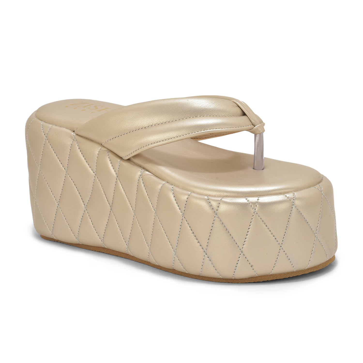 Gold Pinnacle Platforms chunky heeled sandals in quilted gold vegan leather with 4-inch platform and open toe design