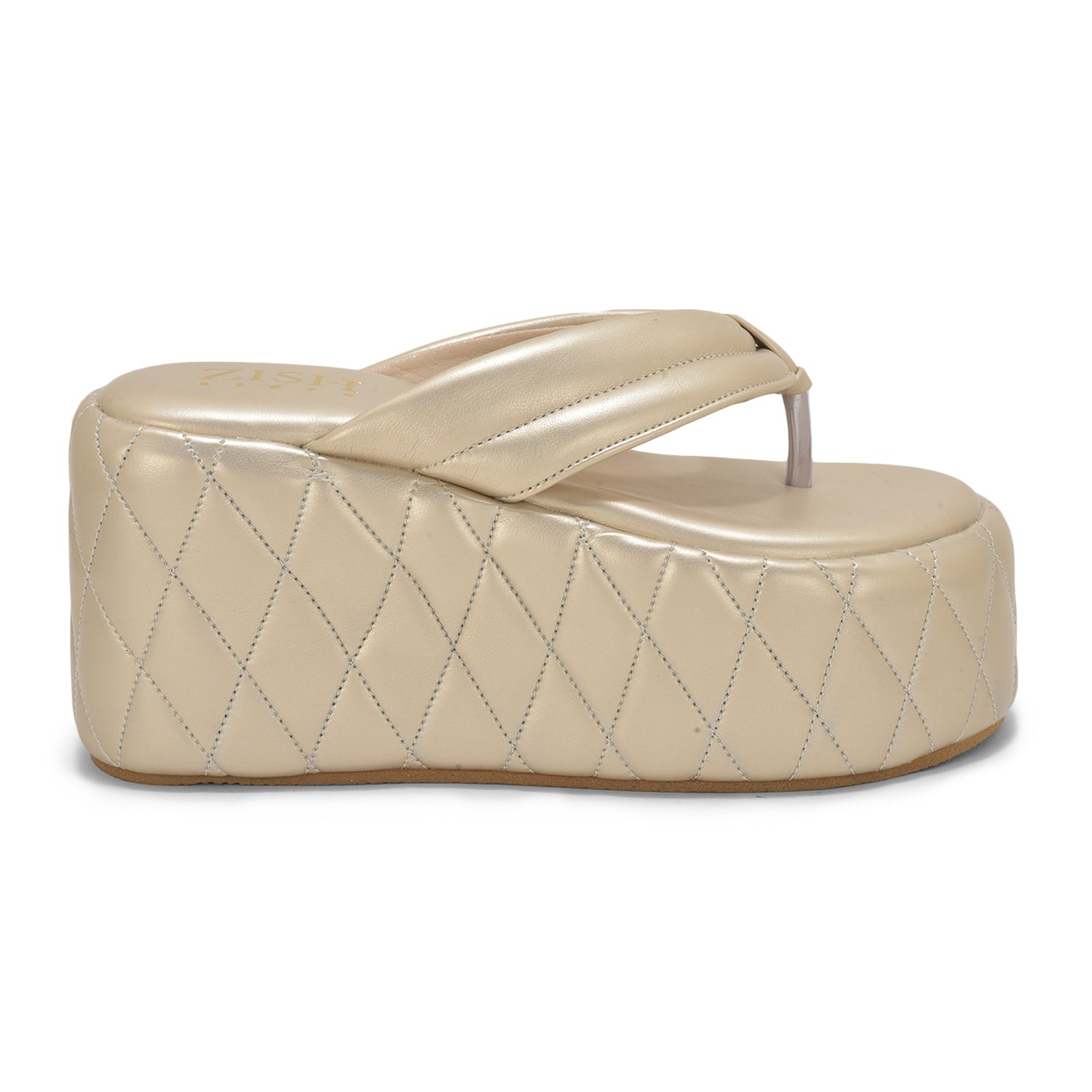 Gold Pinnacle Platforms chunky heel sandals with quilted vegan leather and 4-inch platform heel