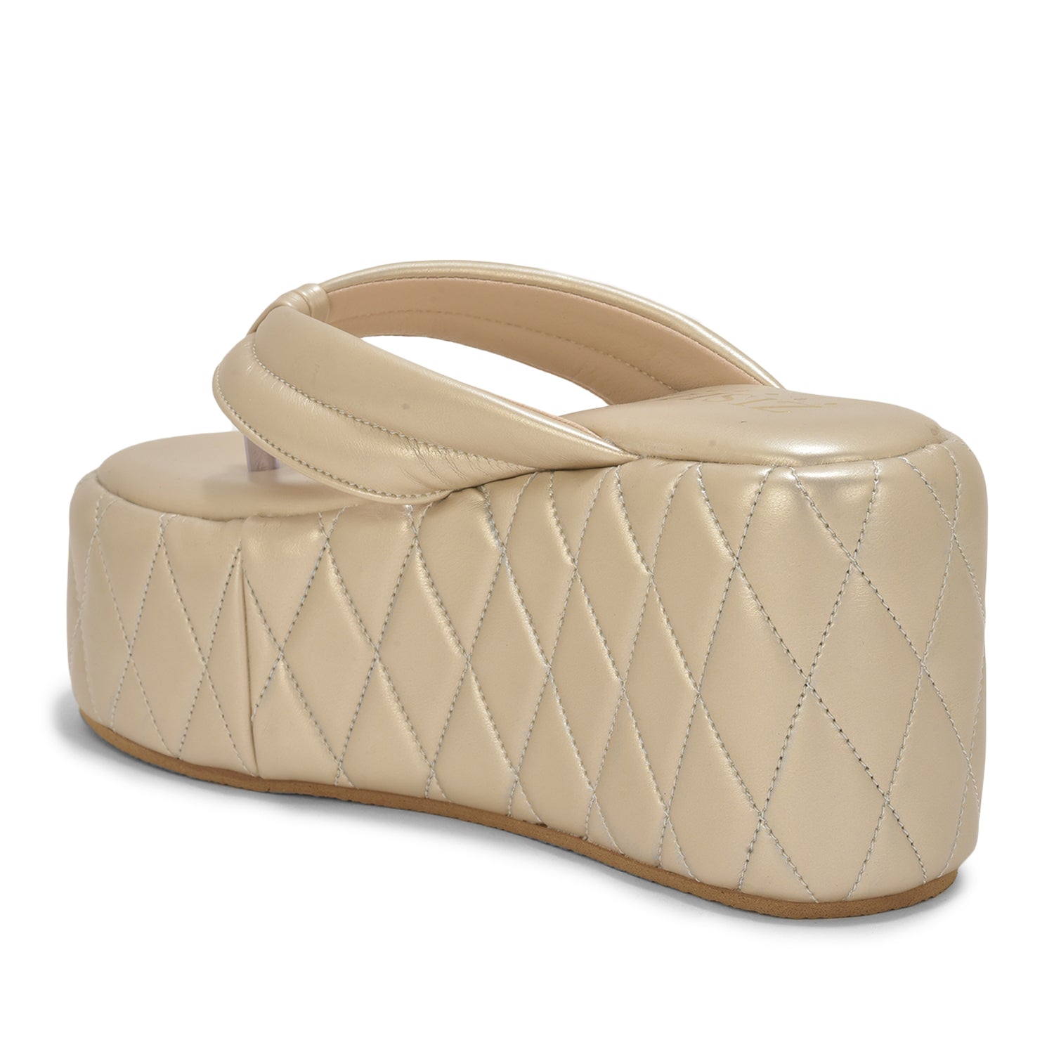 Gold Pinnacle Platforms chunky heel sandals with quilted vegan leather and open toe design
