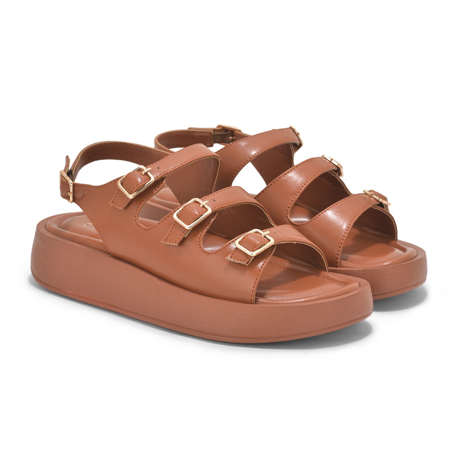 Tan triple buckle sandals with three adjustable straps and cushioned sole in vegan leather