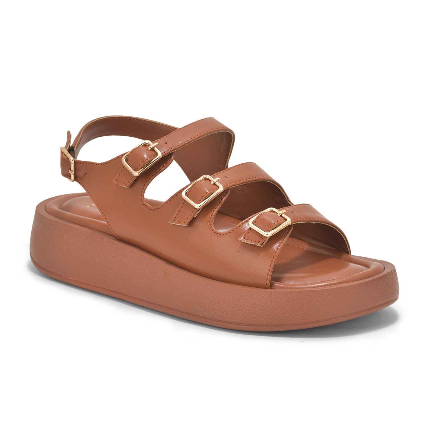 Tan triple buckle sandals with cushioned footbed and adjustable straps in vegan leather for casual and semi-casual wear