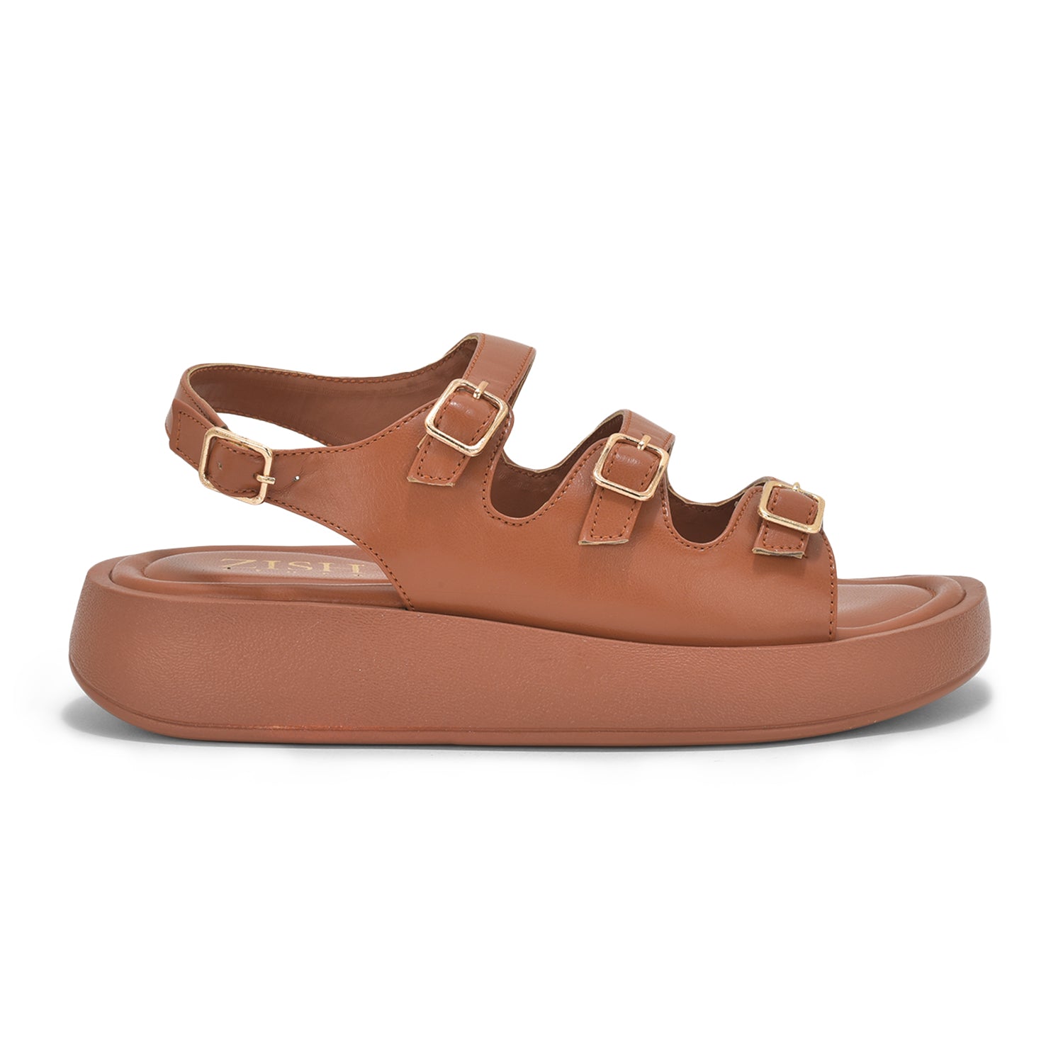 Tan triple buckle sandals with cushioned footbed and adjustable straps in vegan leather