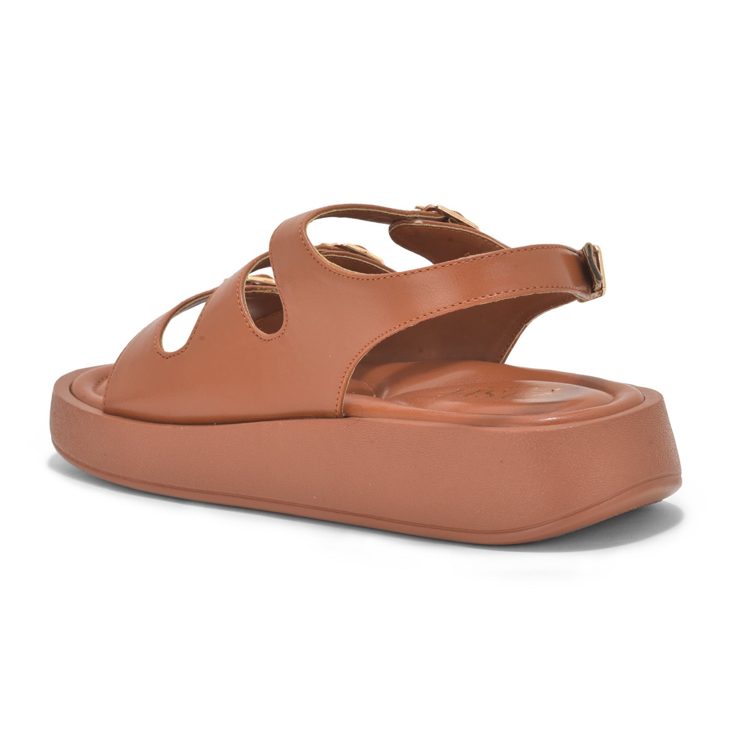 Tan triple buckle sandals with cushioned footbed and adjustable straps in vegan leather