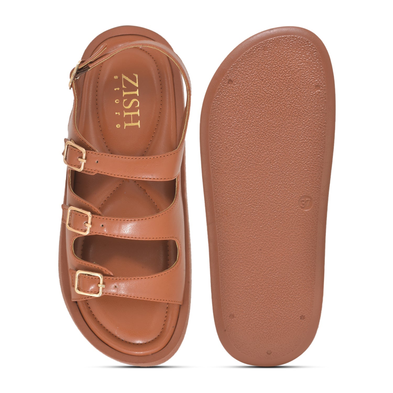 Tan triple buckle sandals with cushioned footbed and adjustable straps, vegan leather open-toe design for casual wear