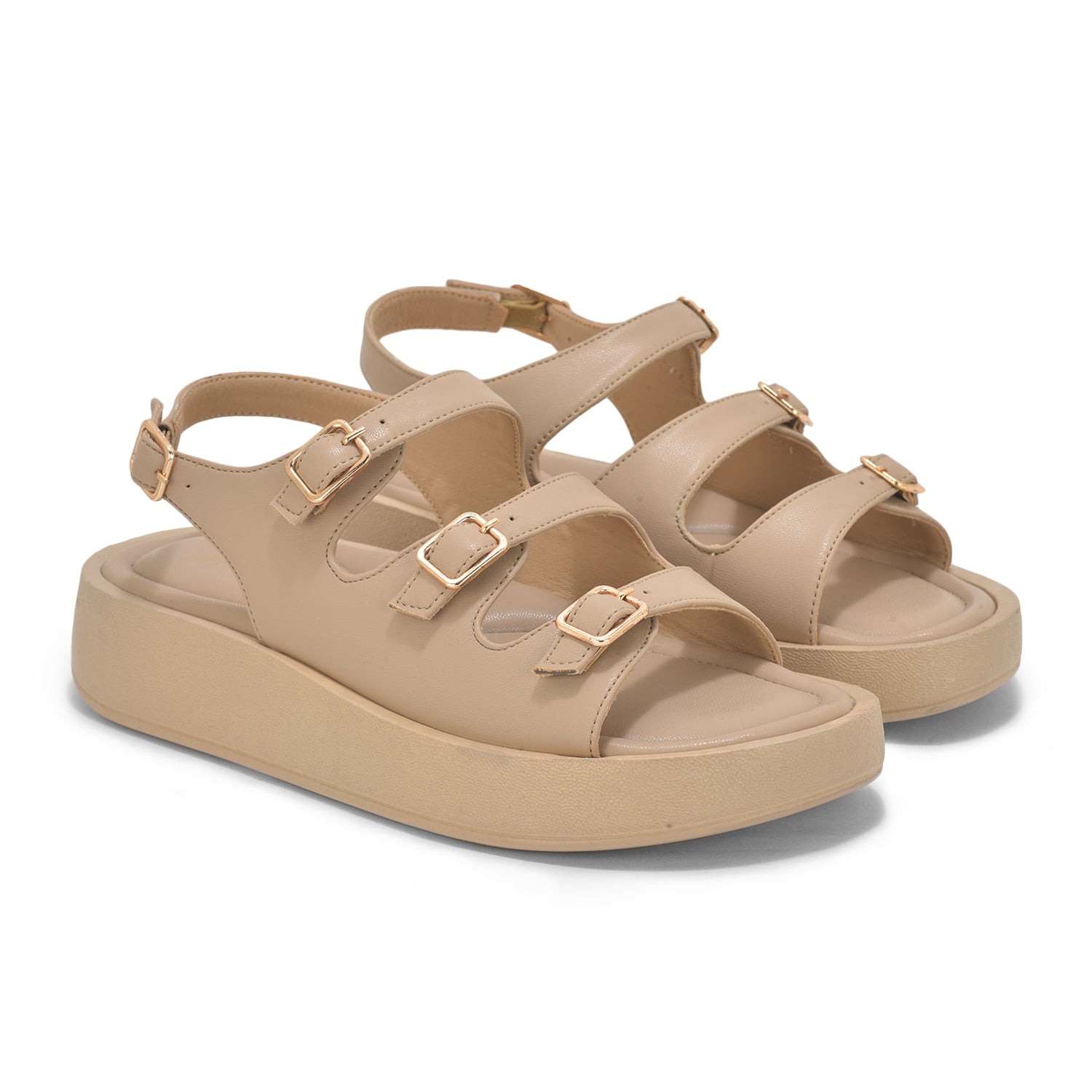 Beige triple buckle sandals with three adjustable straps, cushioned footbed, 1-inch heel, and open toe design.