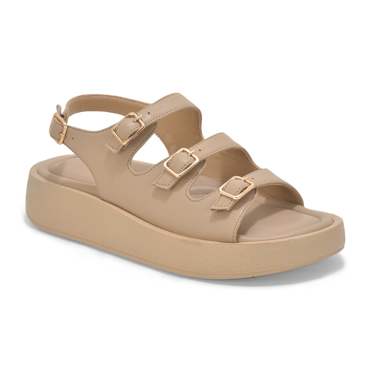 Beige triple buckle sandals with adjustable straps and cushioned sole for casual and office wear
