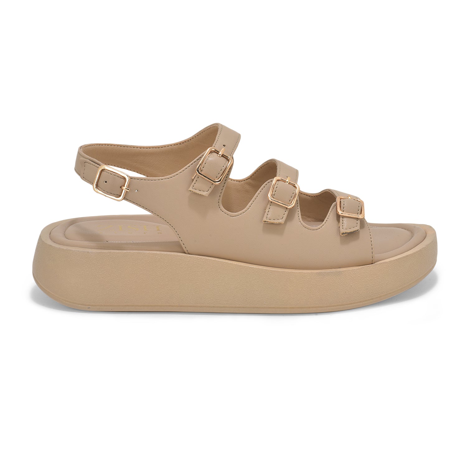 Beige triple buckle open-toe vegan leather sandals with cushioned sole and adjustable straps