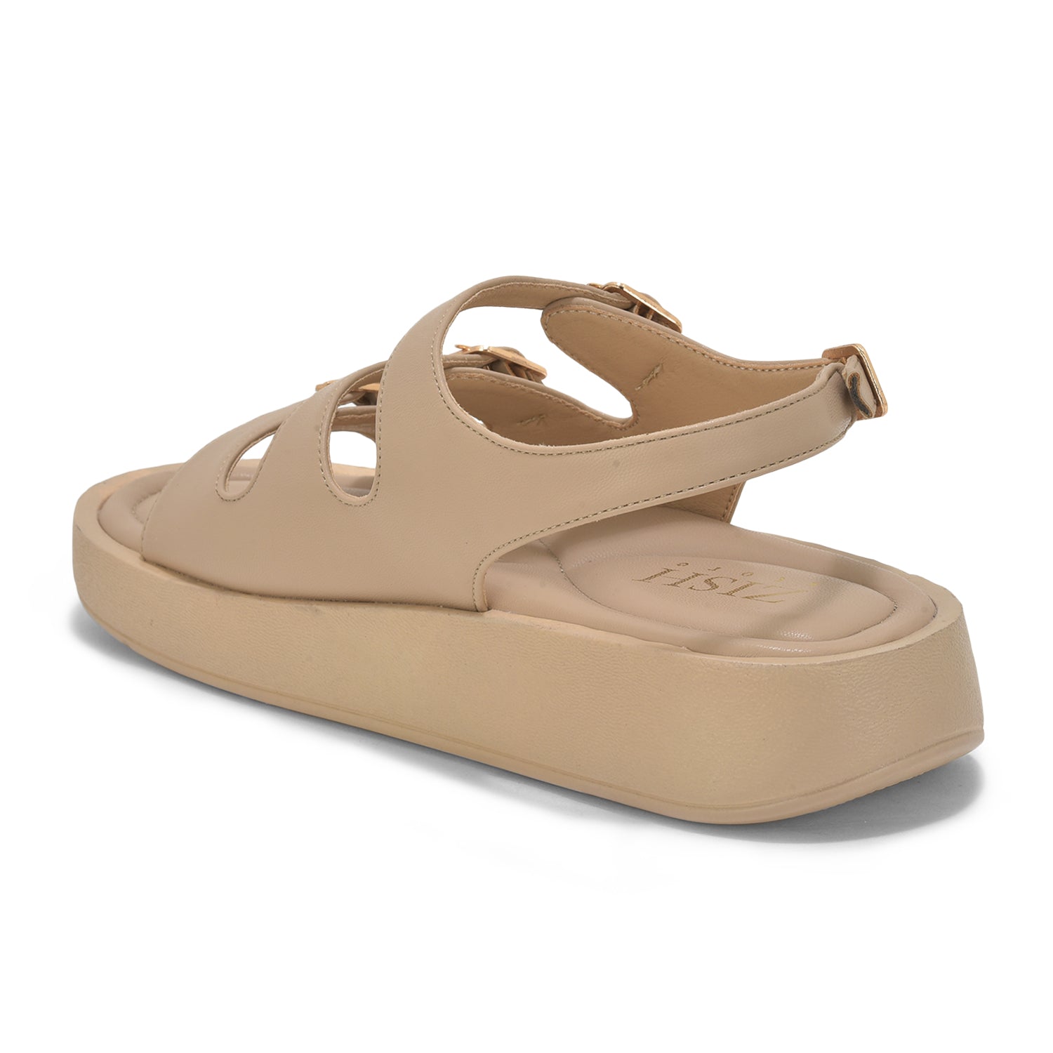 Beige triple buckle sandals with cushioned footbed and adjustable straps in vegan leather