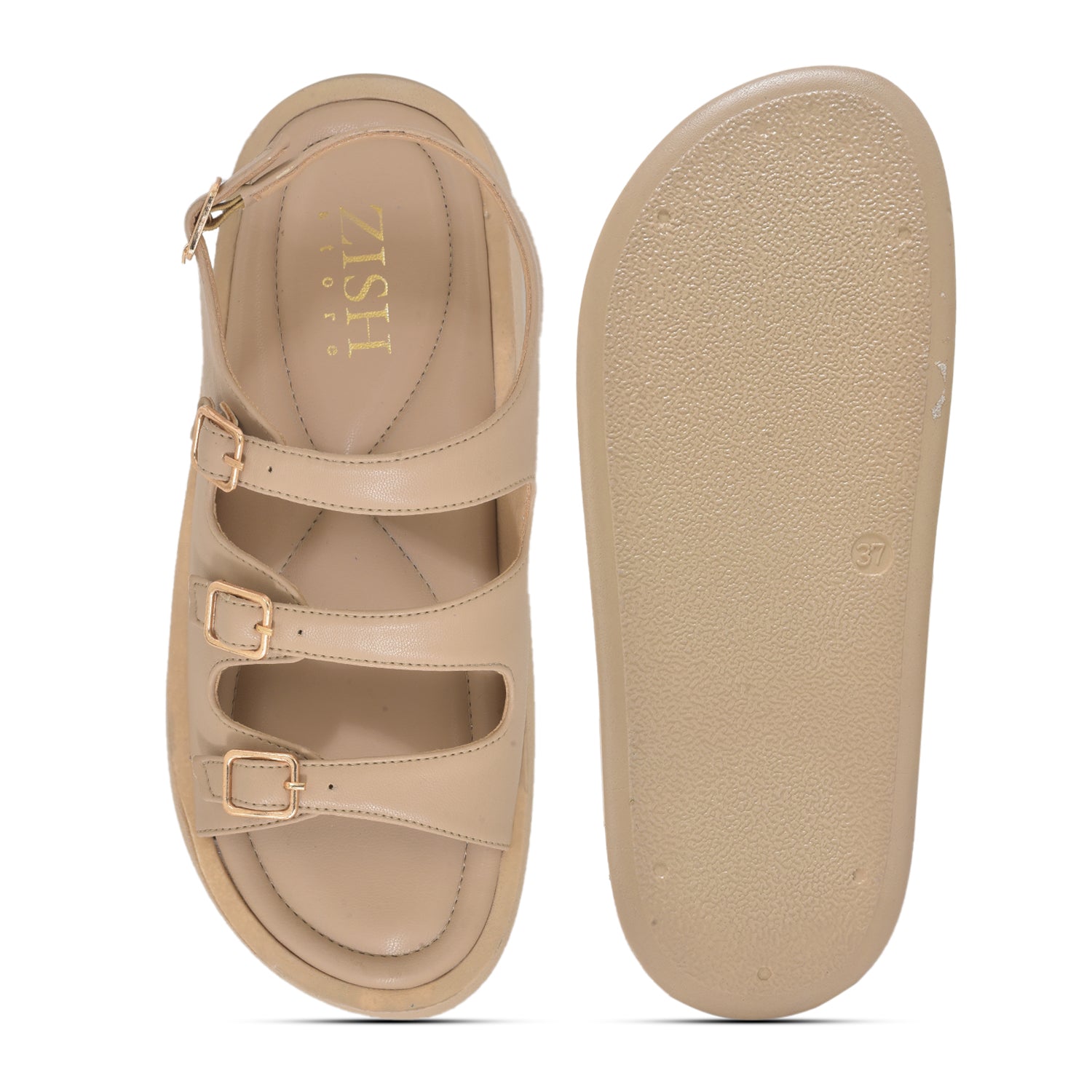 Beige triple buckle sandal with three adjustable straps and cushioned footbed for casual and office wear