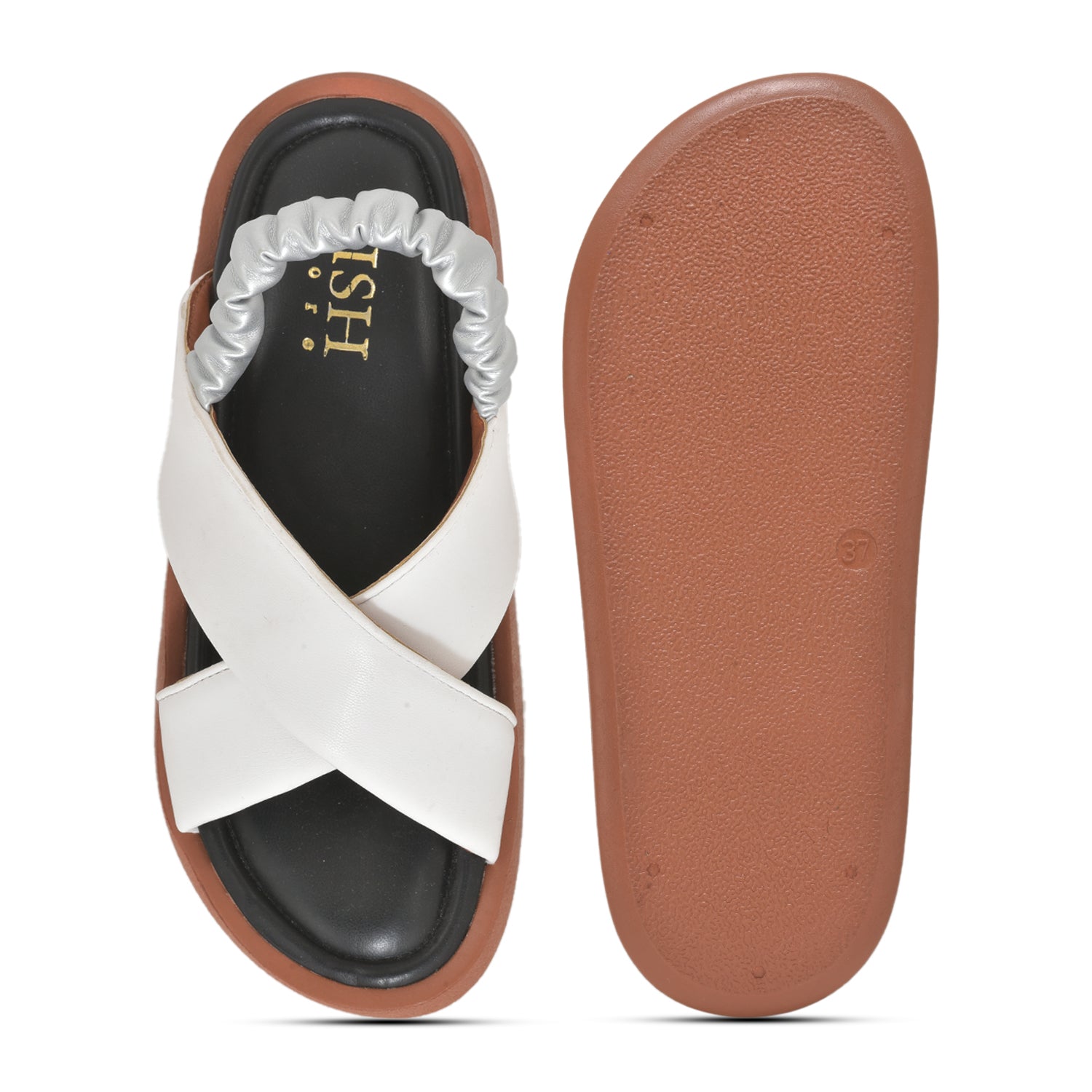 Dual Criss-Cross Sandals with white textured cross straps, cushioned black insole, elastic back strap, and brown lightweight platform sole.