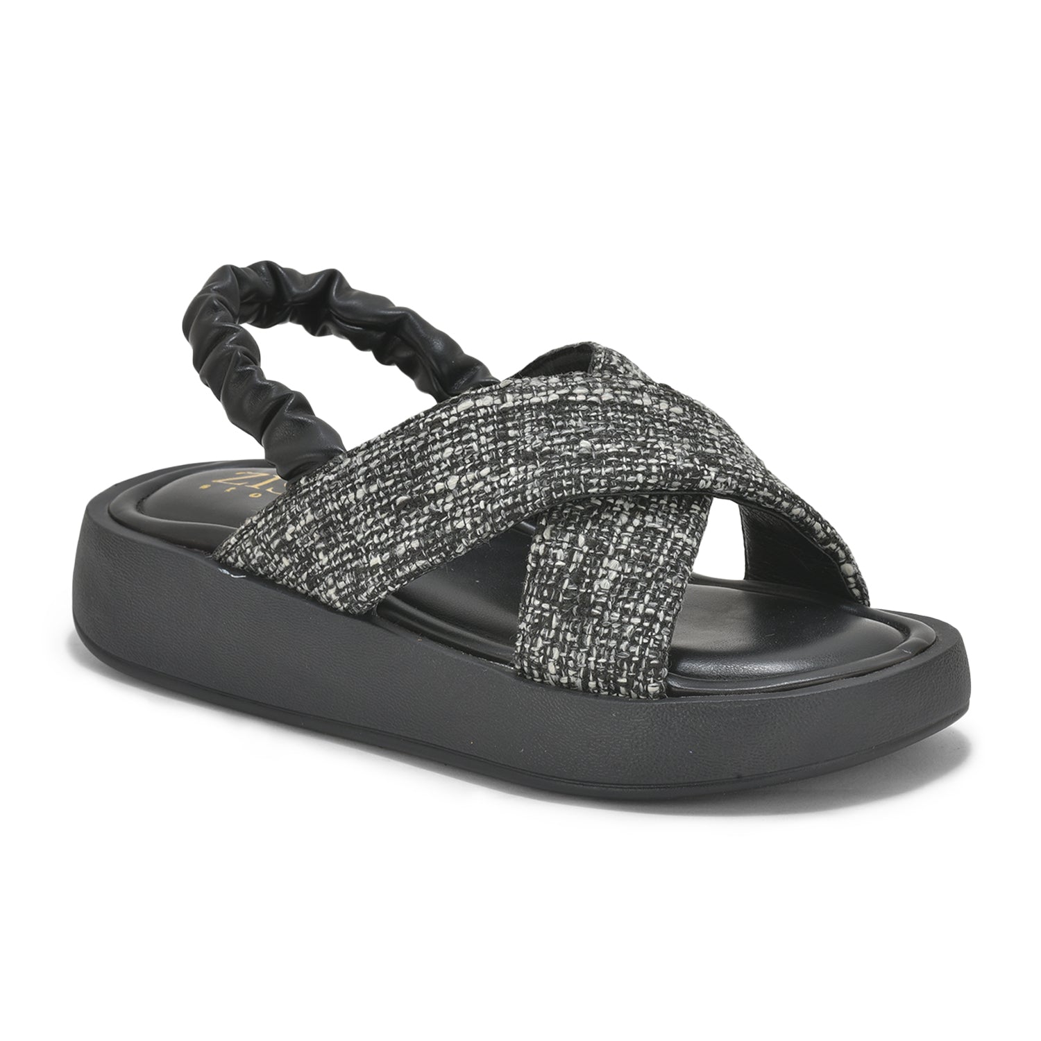 Black tweed criss-cross sandals with cushioned insole and elastic back strap on lightweight platform