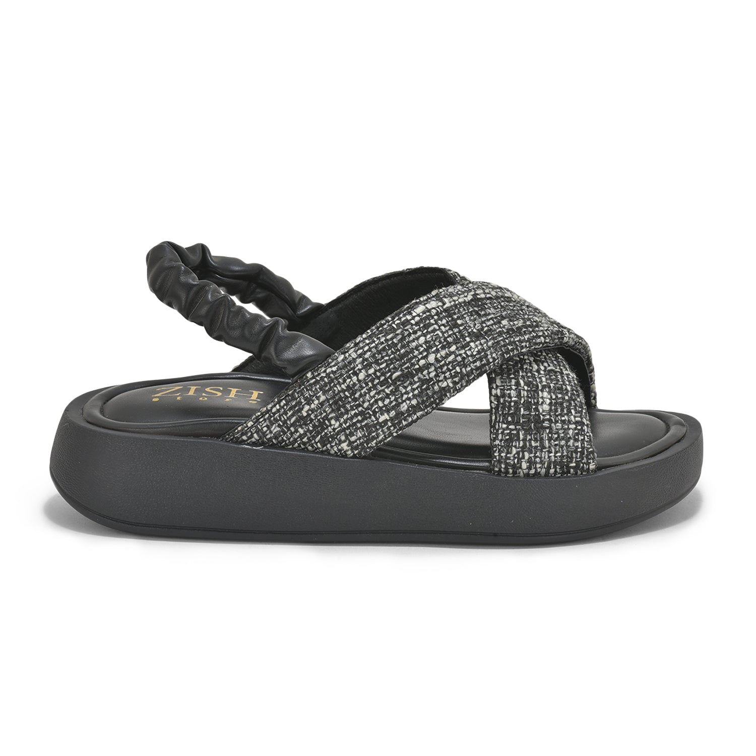 Black tweed criss-cross sandals with elastic back strap and cushioned platform sole