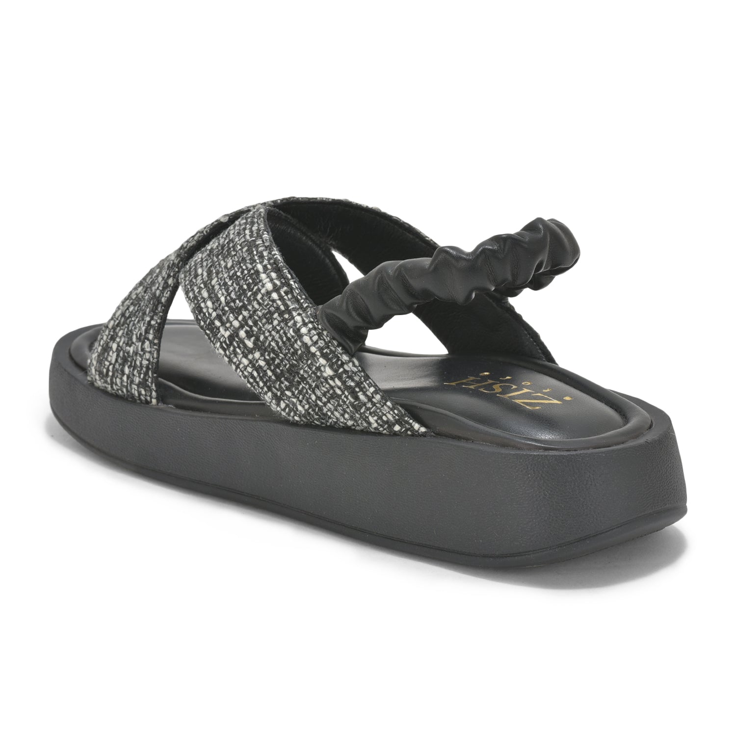 Black tweed criss-cross sandals with cushioned insole, elastic back strap, and lightweight platform sole.