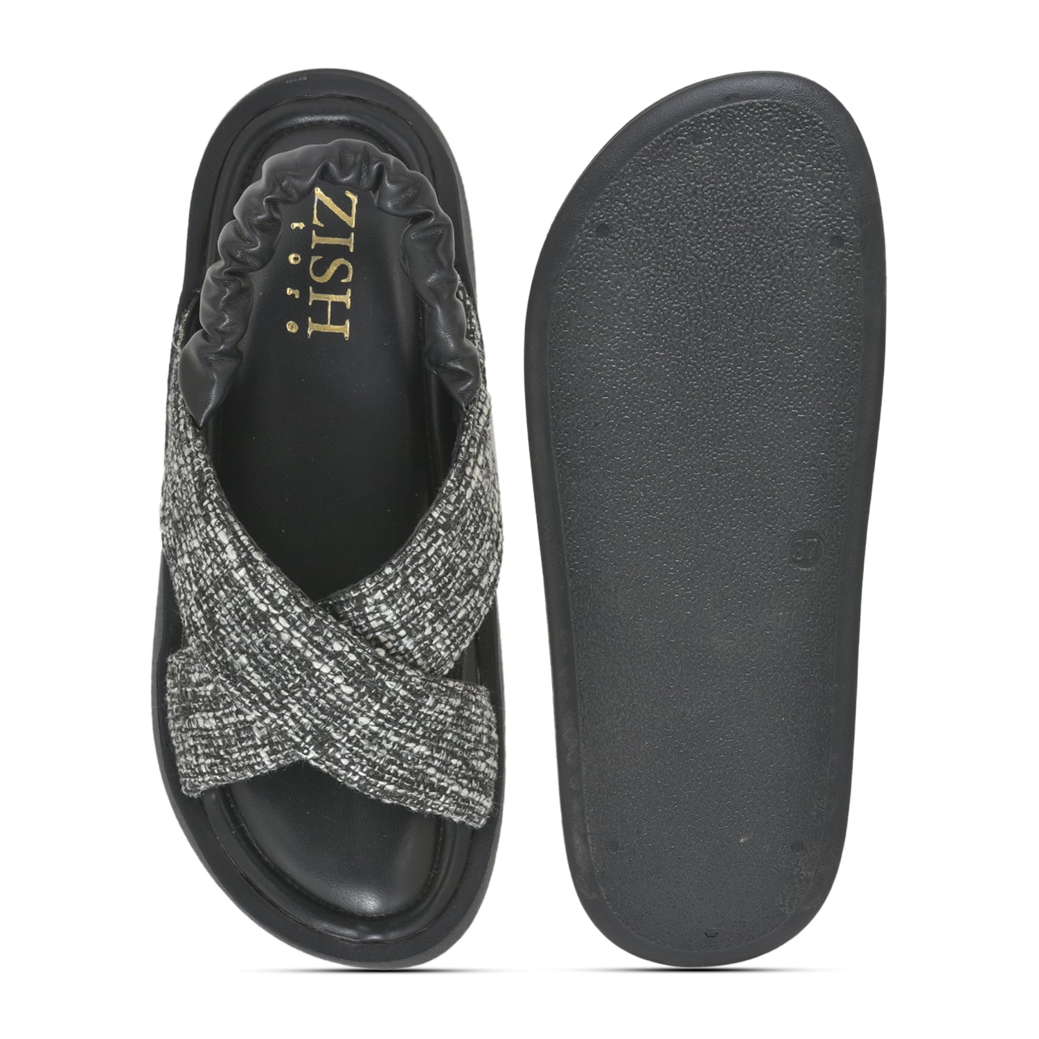 Black tweed criss-cross sandals with cushioned insole and elastic back strap, lightweight platform sole.
