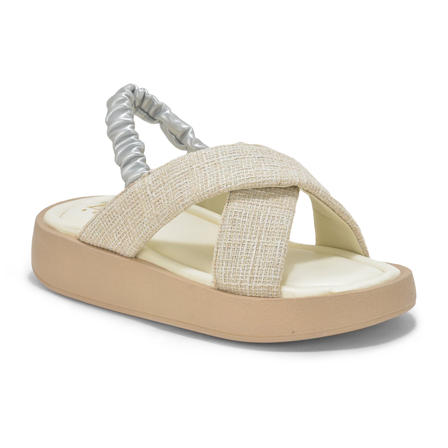 Off-White Tweed criss-cross sandals with elastic back strap and cushioned insole on a lightweight platform sole