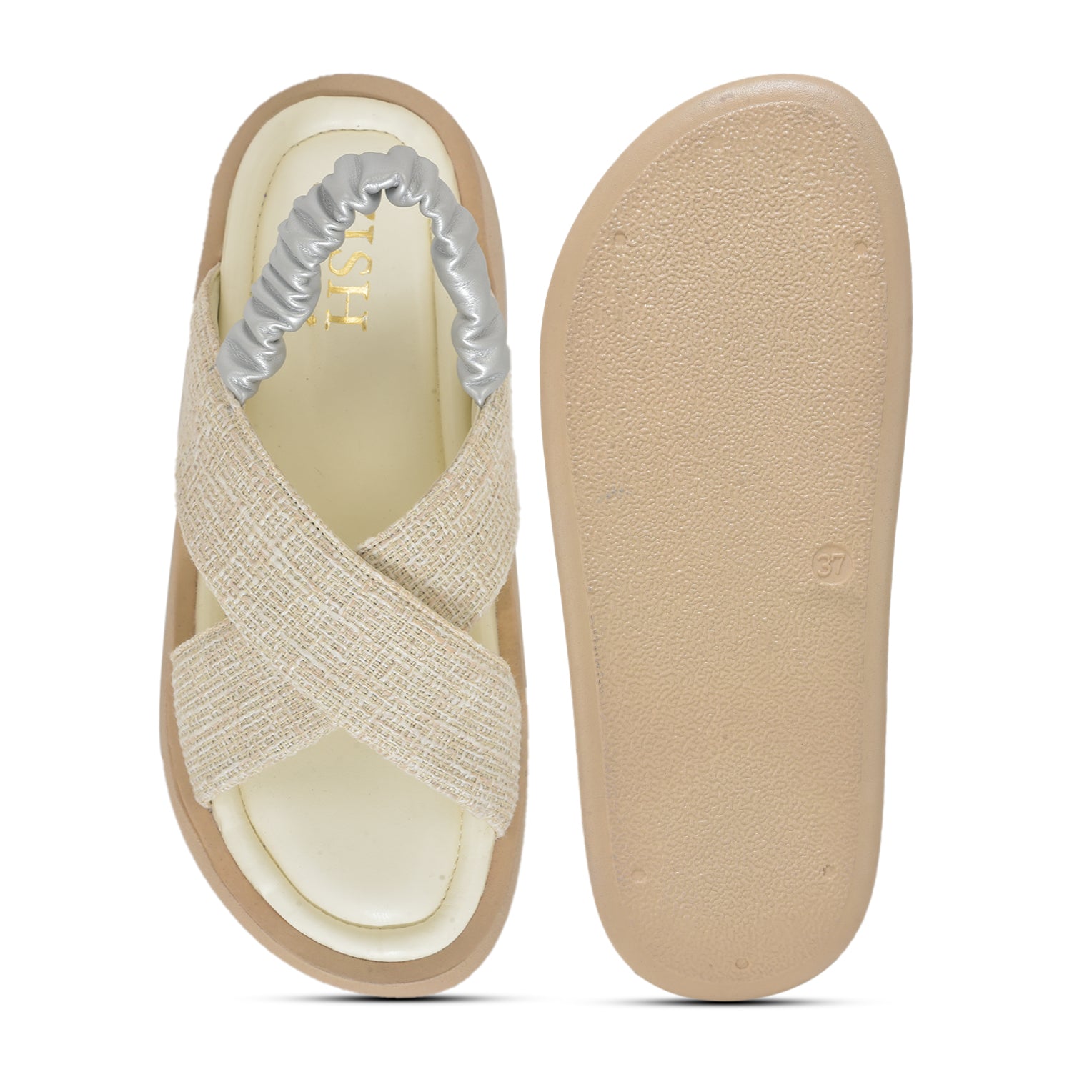 Off-white tweed criss-cross sandals with elastic back strap and cushioned insole for casual and semi-casual wear