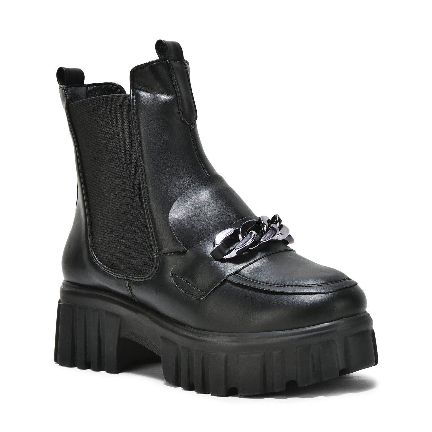 Black handcrafted side zipper ankle boot with chunky sole and front chain buckle detail