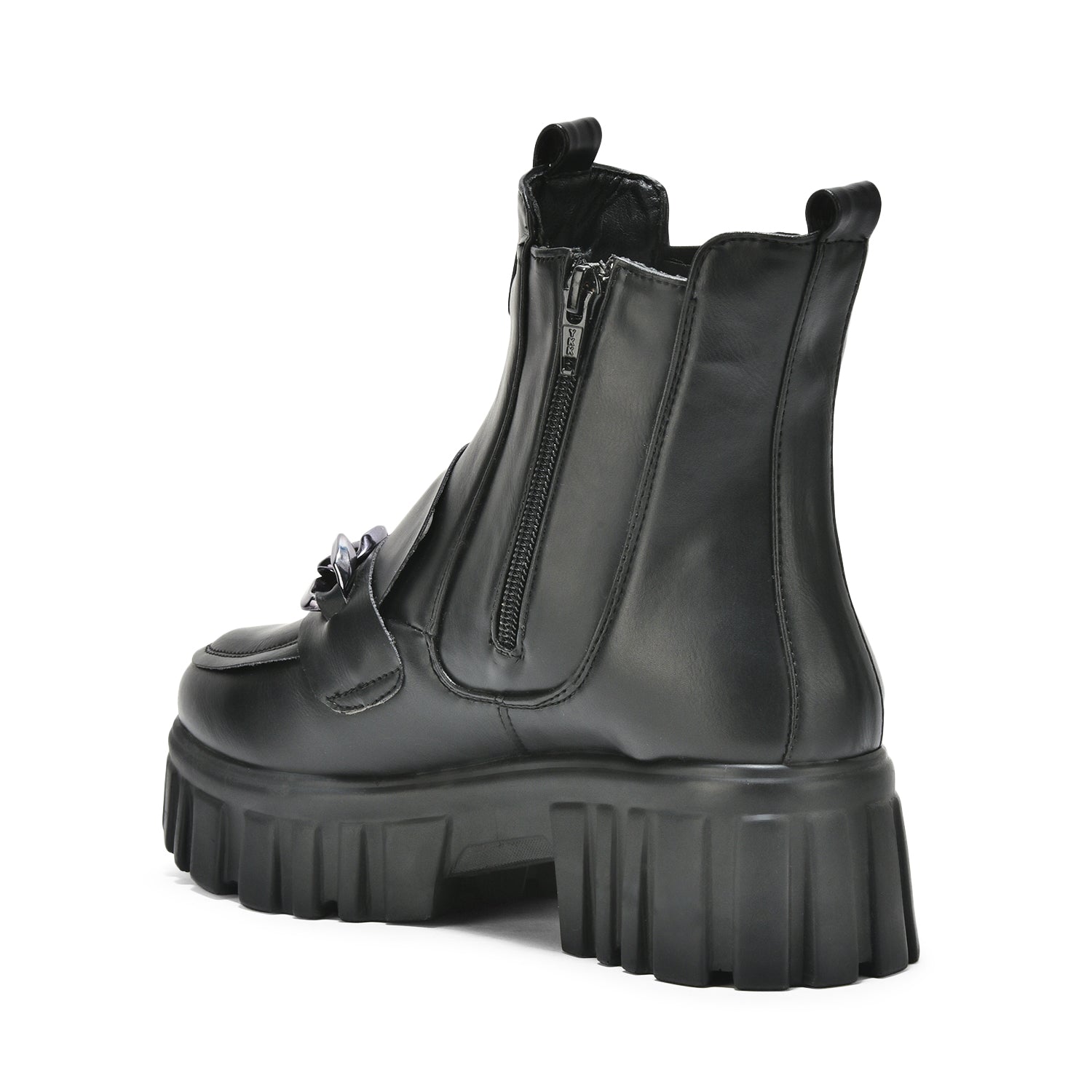 Black handcrafted side zipper ankle boot with chunky sole and front buckle detail