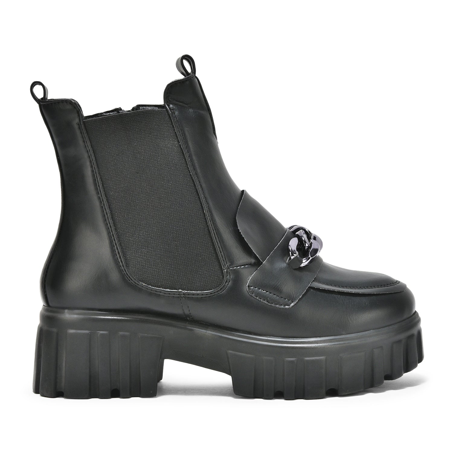 Black handcrafted side zipper and elastic ankle boots with chunky sole and front buckle detail