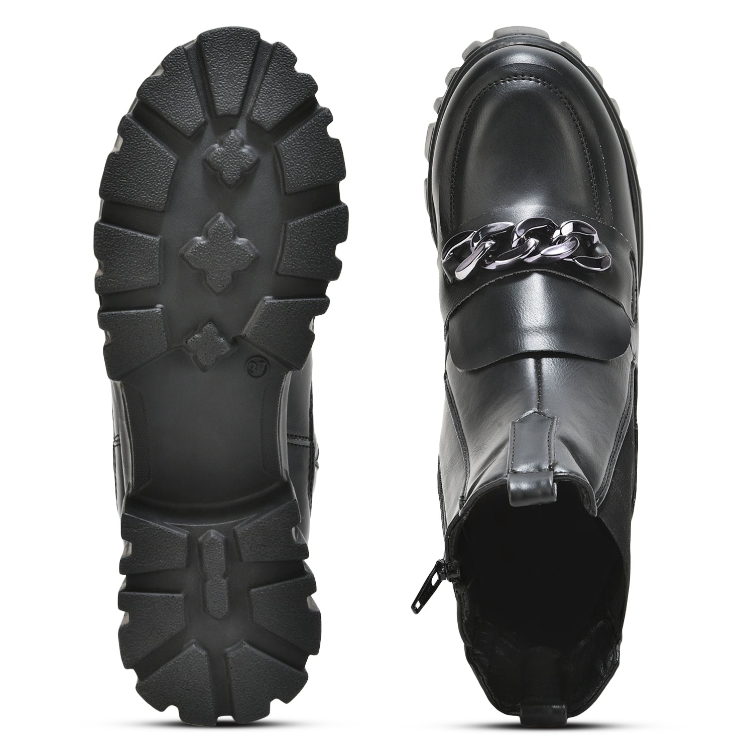 Black handcrafted side zipper ankle boots with chunky PU sole and front chain detail