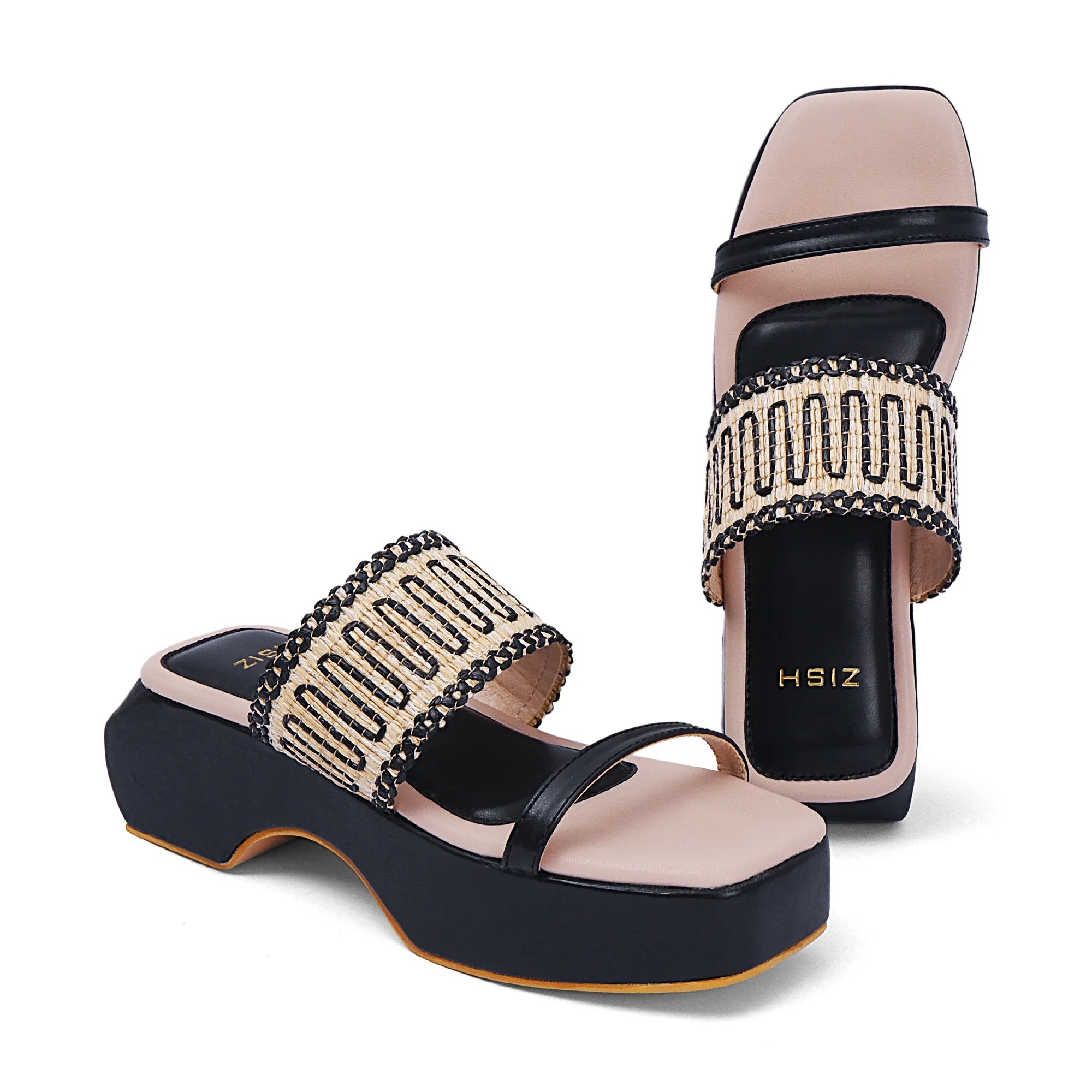 Black Austin open-toe heels with cane detailing and TPR sole for casual wear